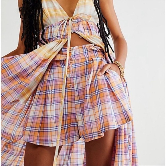 Free People Serendipity Shorts High Waist Paper Bag Plaid Guava Combo Orange LG - Picture 1 of 12